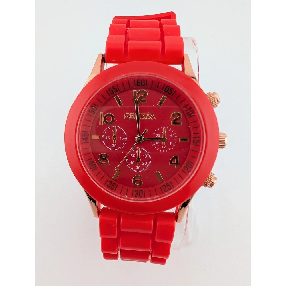 Geneva Watch Women 38mm Rose Gold‎ Case Red Silicone Band- New Battery
